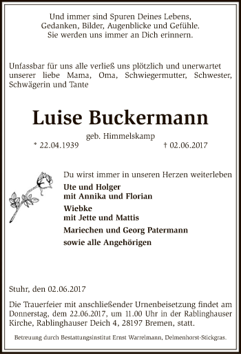 Todesanzeige von Luise Buckermann von SYK