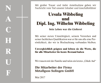 Todesanzeige von Ursula und Wilhelm Wibbeling von SYK
