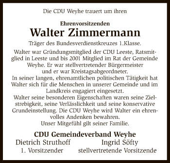Todesanzeige von Walter Zimmermann von SYK