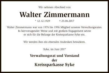 Todesanzeige von Walter Zimmermann von SYK