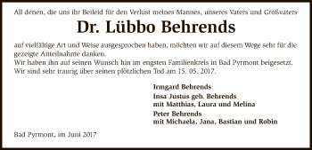 Todesanzeige von Lübbo Behrends von SYK