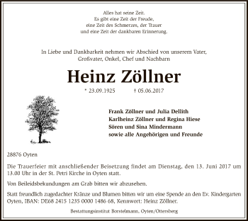 Todesanzeige von Heinz Zöllner von SYK