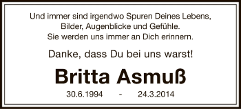 Todesanzeige von Britta Asmuß von SYK