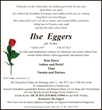 Todesanzeige von Ilse Eggers von SYK