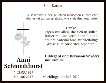 Todesanzeige von Anni Schmedthorst von SYK