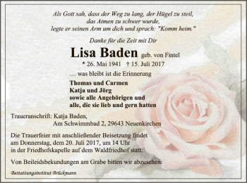 Todesanzeige von Lisa Baden von SYK