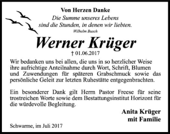 Todesanzeige von Werner Krüger von SYK