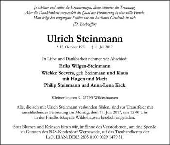 Todesanzeige von Ulrich Steinmann von SYK