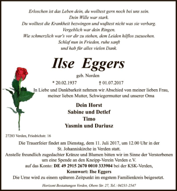 Todesanzeige von Ilse Eggers von SYK