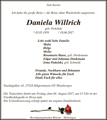 Todesanzeige von Daniela Willrich von SYK