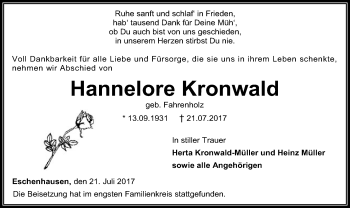 Todesanzeige von Hannelore Kronwald von SYK