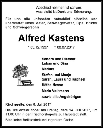 Todesanzeige von Alfred Kastens von SYK