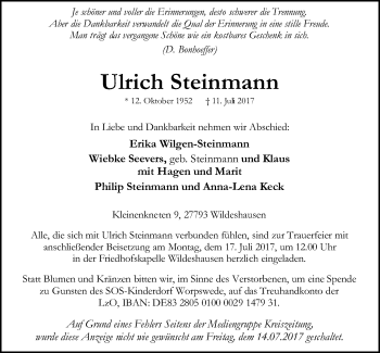 Todesanzeige von Ulrich Steinmann von SYK