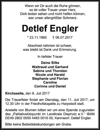 Todesanzeige von Detlef Engler von SYK