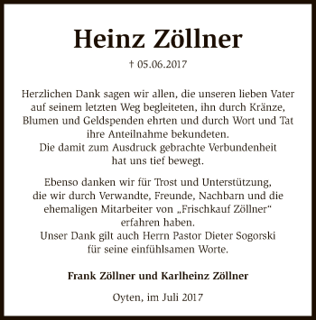 Todesanzeige von Heinz Zöllner von SYK