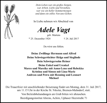 Todesanzeige von Adele Vagt von SYK
