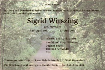 Todesanzeige von Sigrid Wirszing von SYK