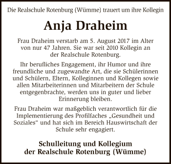 Todesanzeige von Anja Draheim von SYK