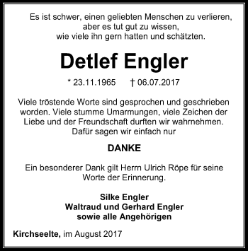 Todesanzeige von Detlef Engler von SYK