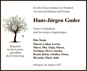 Todesanzeige von Hans-Jürgen Guder von SYK