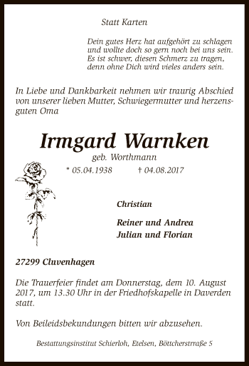Todesanzeige von Irmgard Warnken von SYK