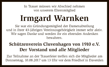 Todesanzeige von Irmgard Warnken von SYK