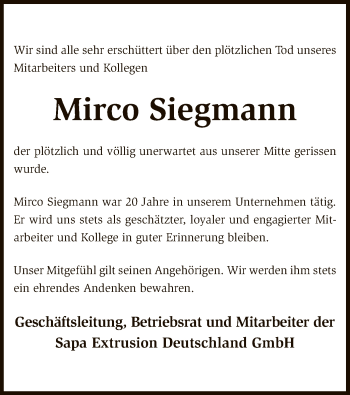Todesanzeige von Mirco Siegmann von SYK