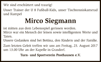 Todesanzeige von Mirco Siegmann von SYK
