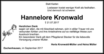 Todesanzeige von Hannelore Kronwald von SYK
