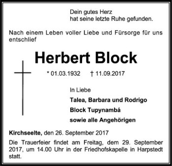 Todesanzeige von Herbert Block von SYK