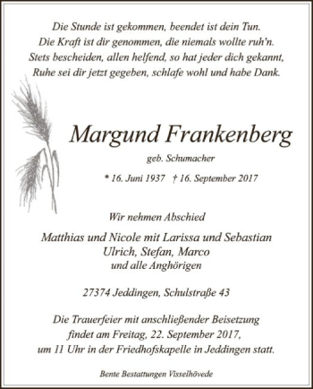 Todesanzeige von Margund Frankenberg von SYK