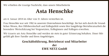 Todesanzeige von Asta Henschke von SYK