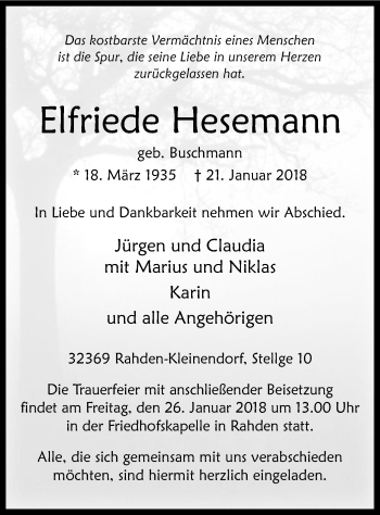 Todesanzeige von Elfriede Hesemann von SYK