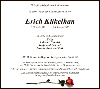 Todesanzeige von Erich Kükelhan von SYK