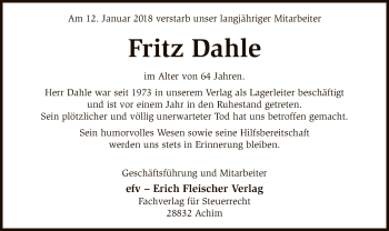Todesanzeige von Fritz Dahle von SYK
