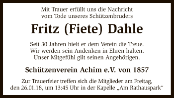 Todesanzeige von Fritz Dahle von SYK
