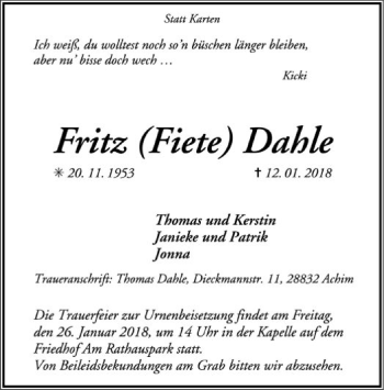 Todesanzeige von Fritz Dahle von SYK