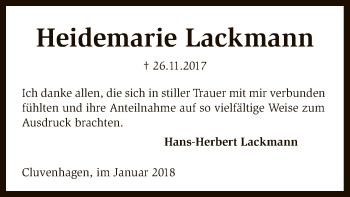 Todesanzeige von Heidemarie Lackmann von SYK