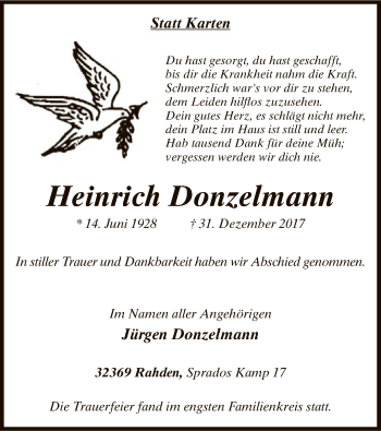 Todesanzeige von Heinrich Donzelmann von SYK
