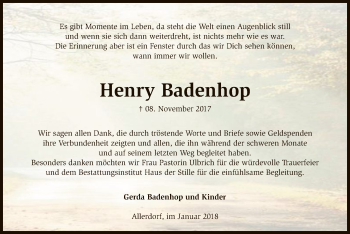 Todesanzeige von Henry Badenhof von SYK