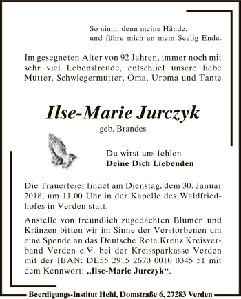 Todesanzeige von Ilse-Marie Jurczyk von SYK