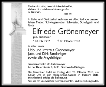 Todesanzeige von Elfriede Grönemeyer von SYK