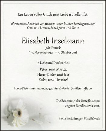Todesanzeige von Elisabeth Inselmann von SYK