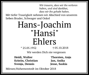 Todesanzeige von Hans-Joachim Ehlers von SYK