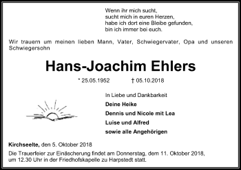 Todesanzeige von Hans-Joachim Ehlers von SYK