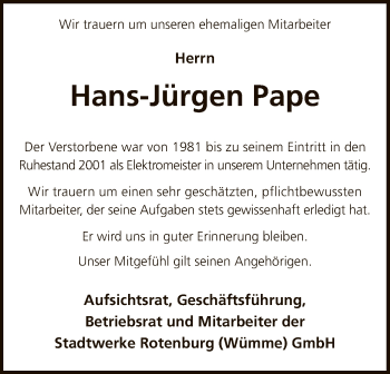 Todesanzeige von Hans-Jürgen Pape von SYK