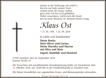 Todesanzeige von Klaus Ost von SYK