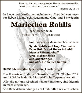 Todesanzeige von Mariechen Rohlfs von SYK