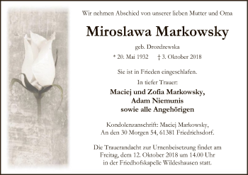 Todesanzeige von Miroslawa Markowsky von SYK