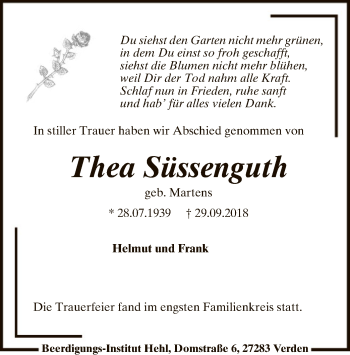 Todesanzeige von Thea Süssenguth von SYK